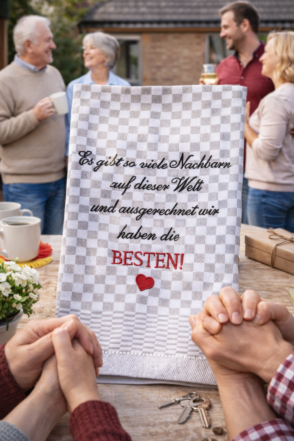 Das perfekte Geschenk für die besten Nachbarn der Welt. Liebevoll und hochwertig bestickt.