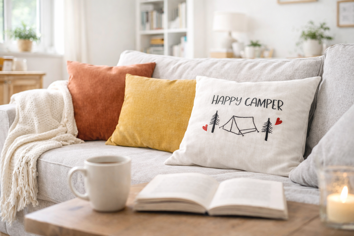 Kissenbezug Zierkissen 40x40 bestickt Baumwolle - Deko für Wohnzimmer Geschenk für Camper mit Zelt