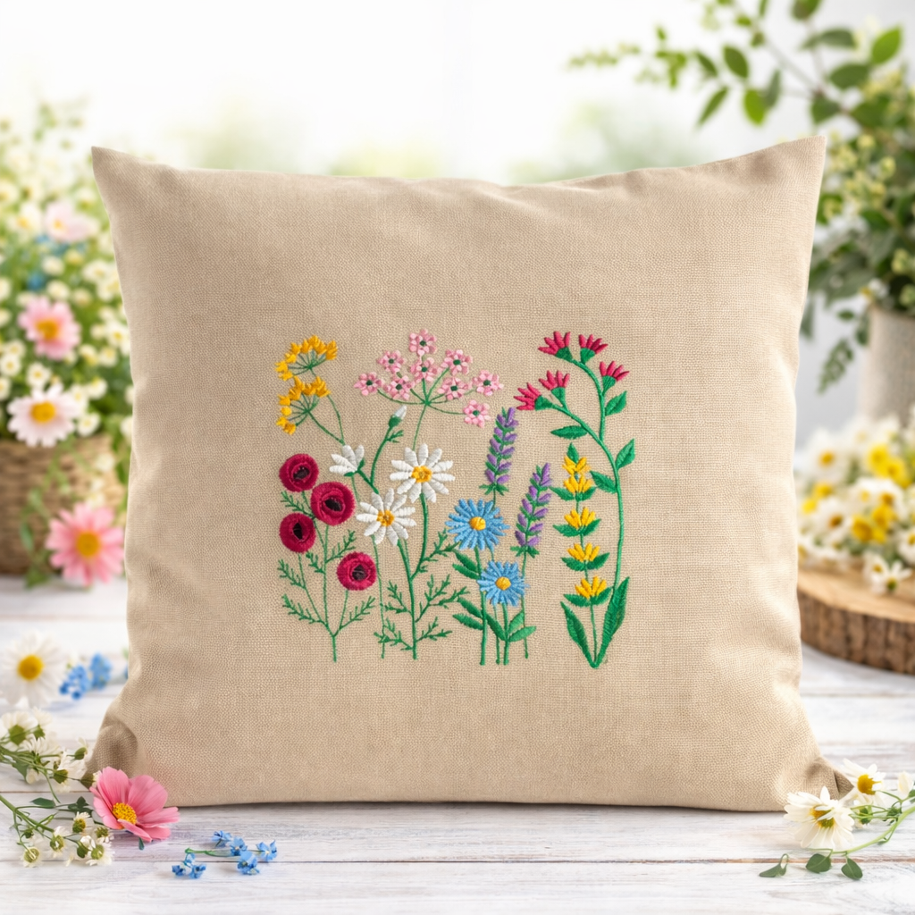 Kissenbezug Zierkissen 40x40 bestickt Baumwolle - Deko für Wohnzimmer Geschenk Blumenliebhaber Willdblumen
