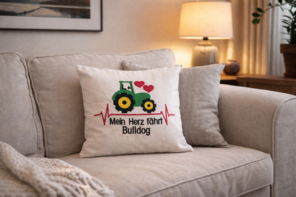 Kissenbezug Zierkissen 40x40 bestickt Baumwolle - Deko für Wohnzimmer Geschenk für Bulldogliebhaber & Traktorfahrer