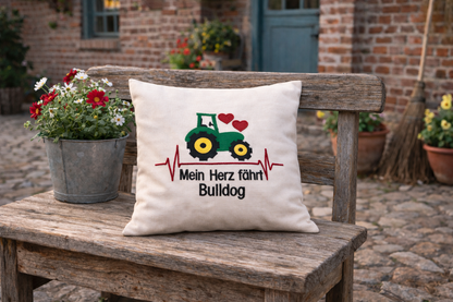 Kissenbezug Zierkissen 40x40 bestickt Baumwolle - Deko für Wohnzimmer Geschenk für Bulldogliebhaber & Traktorfahrer