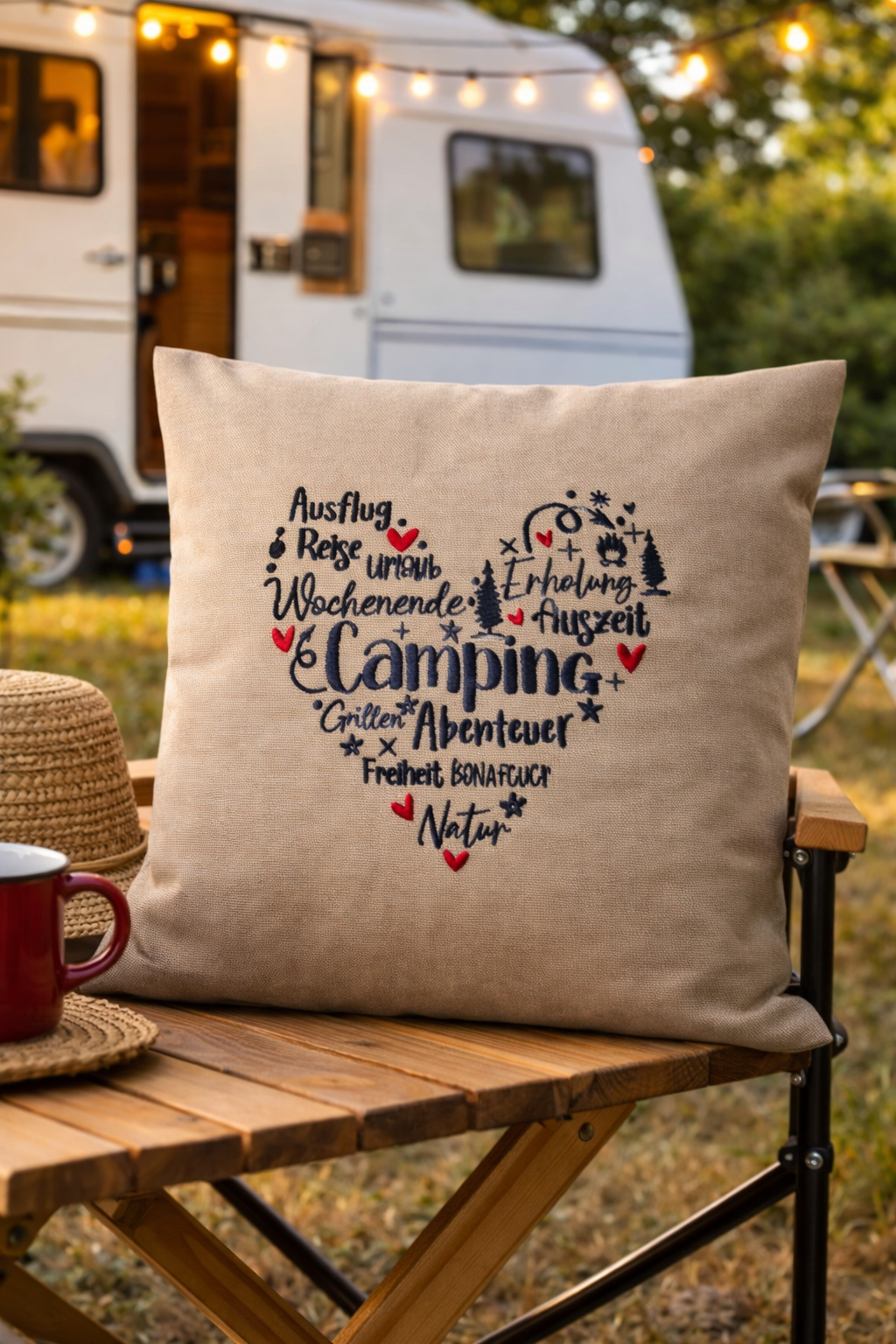 Dieser bestickte Kissenbezug ist eine liebevolle Geschenkidee und ein hochwertiges Mitbringsel für alle Campingliebhaber und Wohnwagen- und Wohnmobilbesitzer