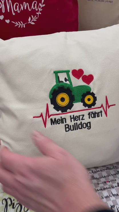 Kissenbezug Zierkissen 40x40 bestickt Baumwolle - Deko für Wohnzimmer Geschenk für Bulldogliebhaber & Traktorfahrer